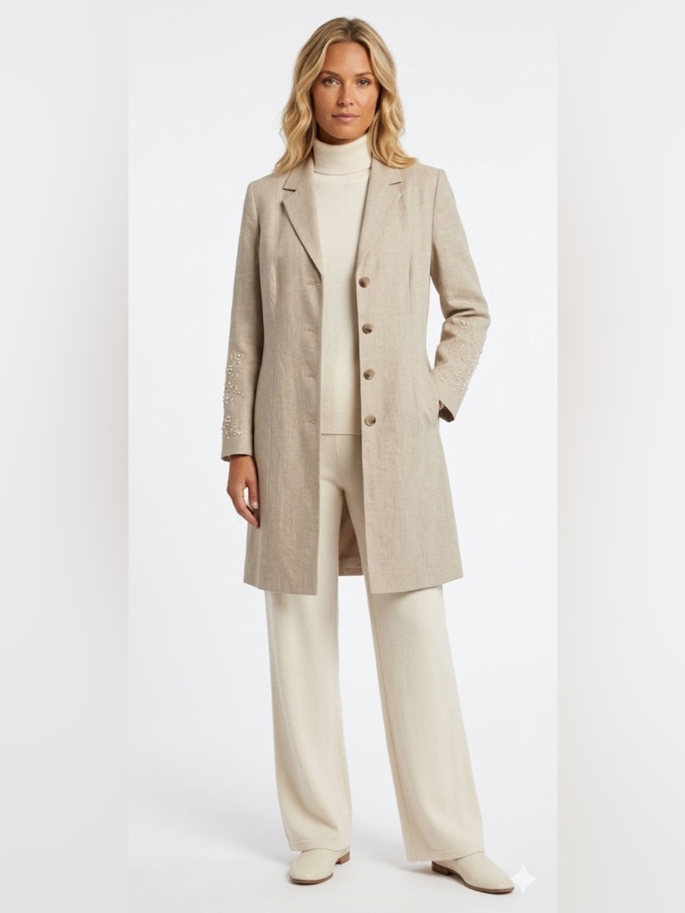 VALIA, Made in Canada long Tan Linen Frock  Coat/Jacket. Blazer style. Size 10